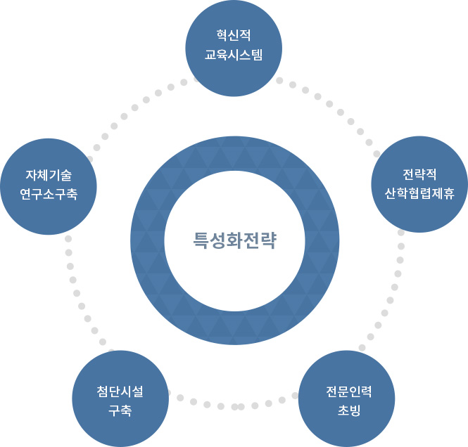 특성화전략 : 혁신적 교육시스템, 전략적 산학협렵제휴, 전문인력초빙, 첨단시설구축, 자체기술연구소구축